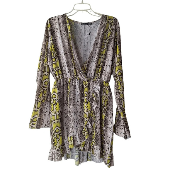 Bohoo Size 14 Snake Print Ruffle Faux Wrap Long Sleeve Elastic Waist Mini Dress - Picture 2 of 11